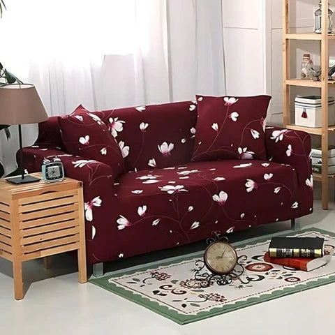 Tie-N-Dye Premium Wrinkle-Free Elastic Stretchable | Washable| Elastic Sofa Cover - Wine red Flowers (SC-046)