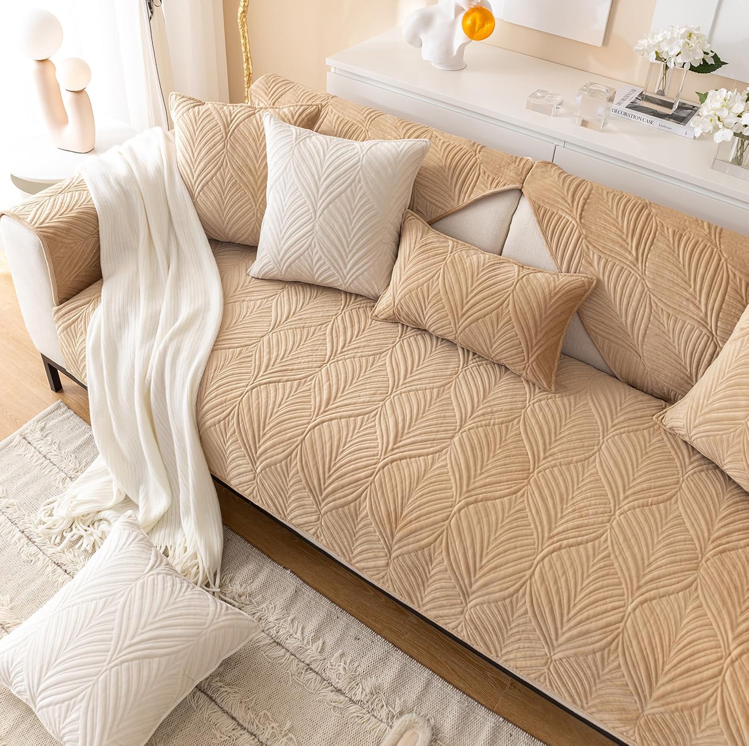 ANTI SKID PALM LEAVES QUILTED SOFA MAT - BEIGE