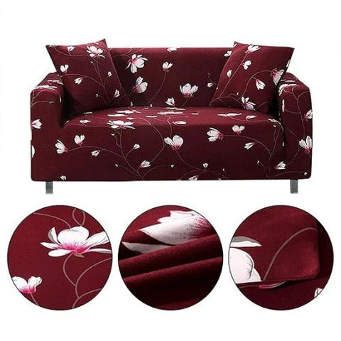 Tie-N-Dye Premium Wrinkle-Free Elastic Stretchable | Washable| Elastic Sofa Cover - Wine red Flowers (SC-046)