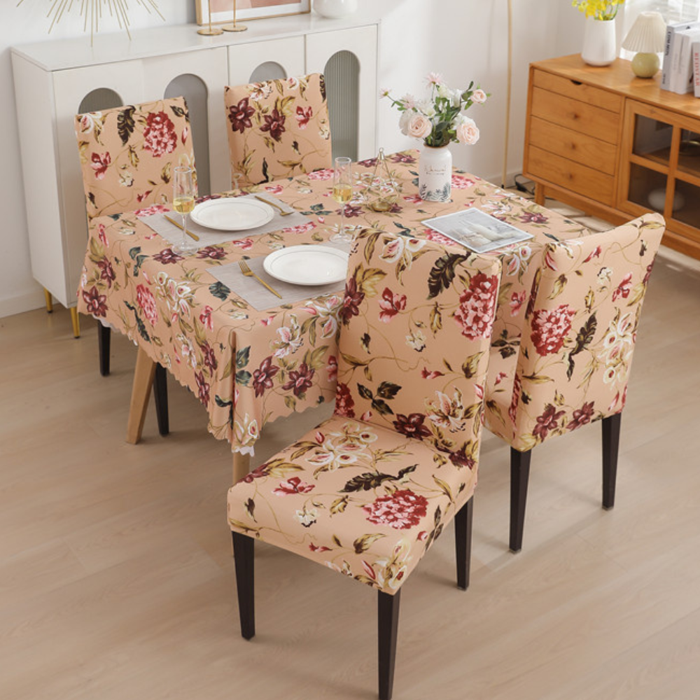 Premium Dining Table & Chair Cover Combo - Floral Beige