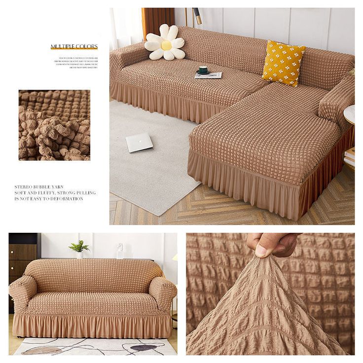 2025 L Shape Turkish Bubble Frill Sofa Covers : Light Brown