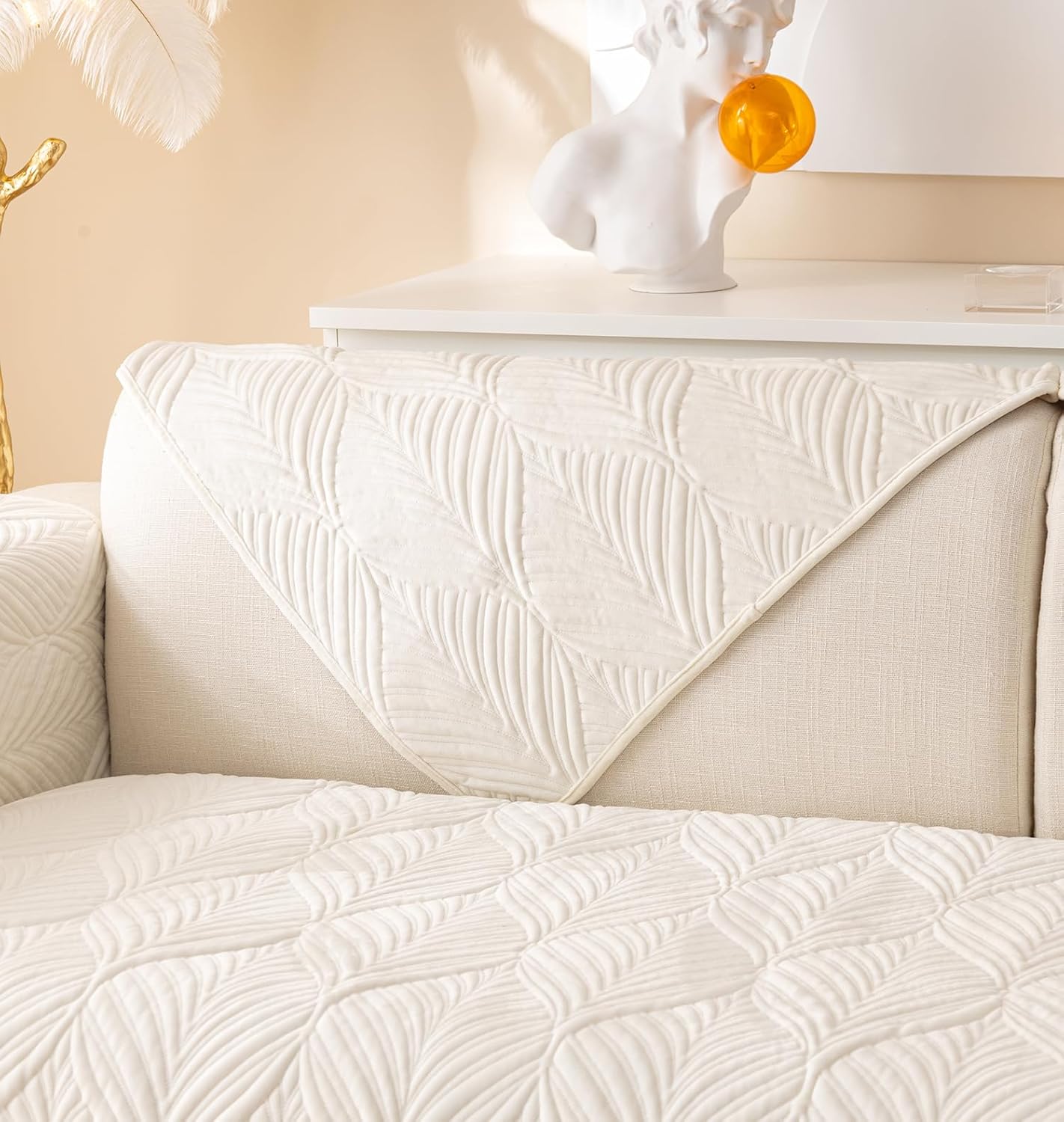 ANTI SKID PALM LEAVES QUILTED SOFA MAT  -  IVORY