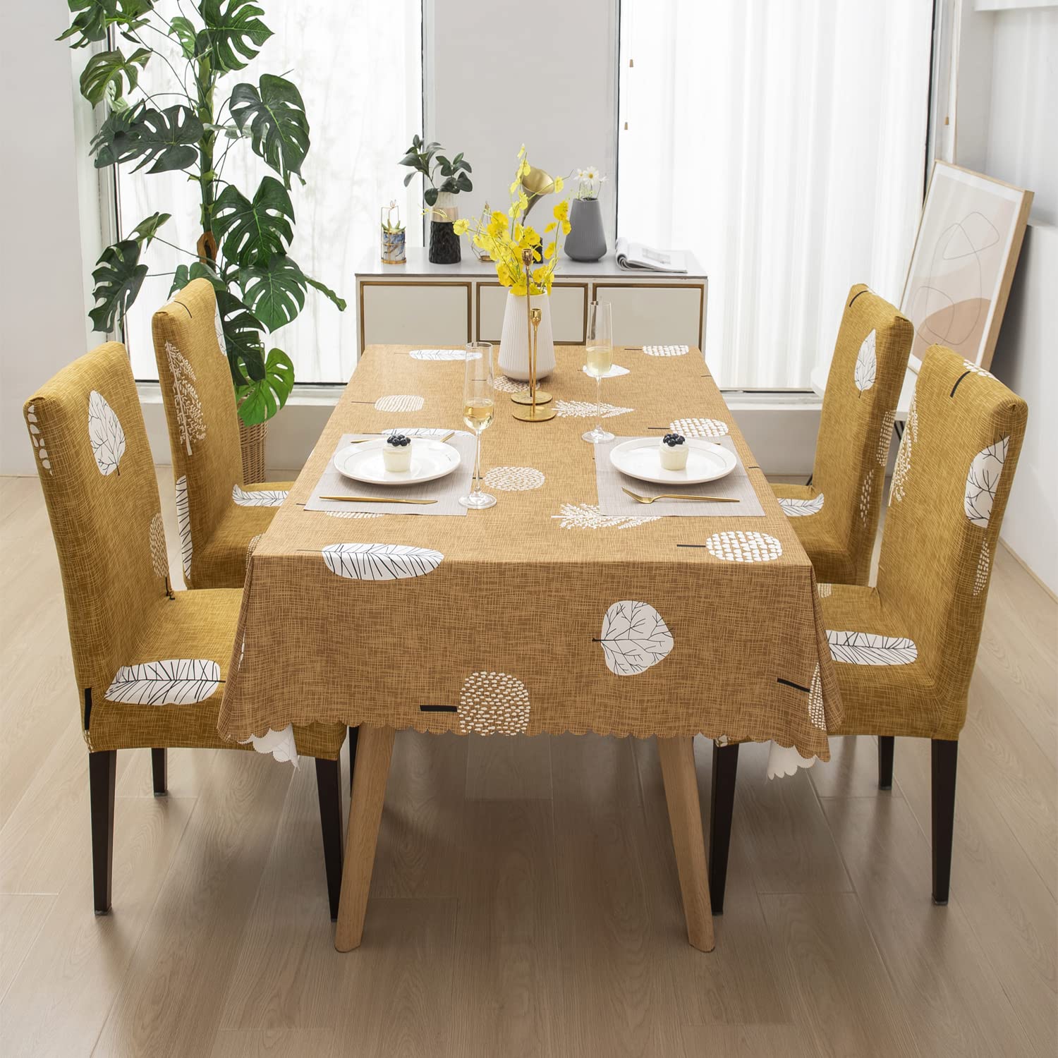Premium Dining Table & Chair Cover Combo - Mustard Leaf