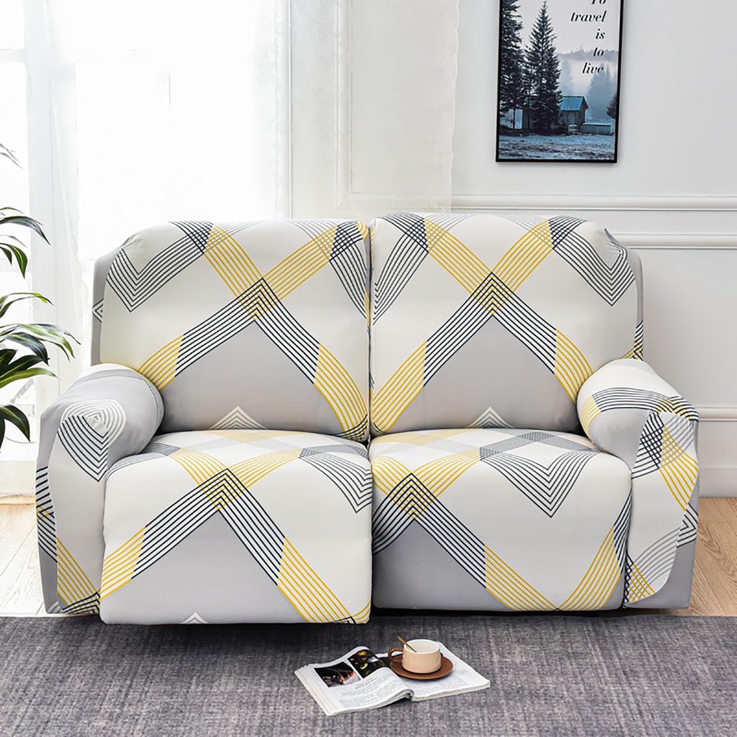 Premium Printed Recliner Sofa Cover : Yellow Curve