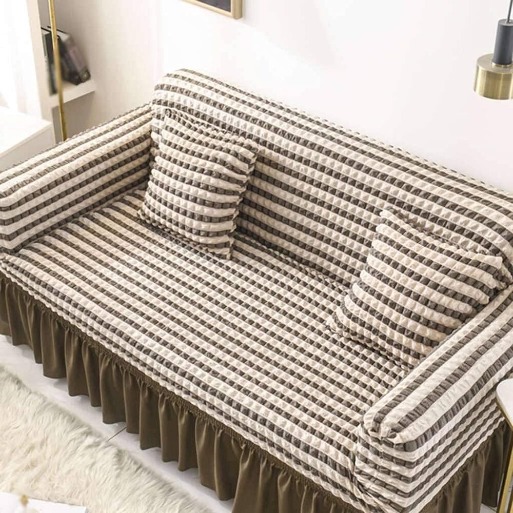 2025 Turkish Bubble Frill Sofa Covers : Beige Brown Stripe