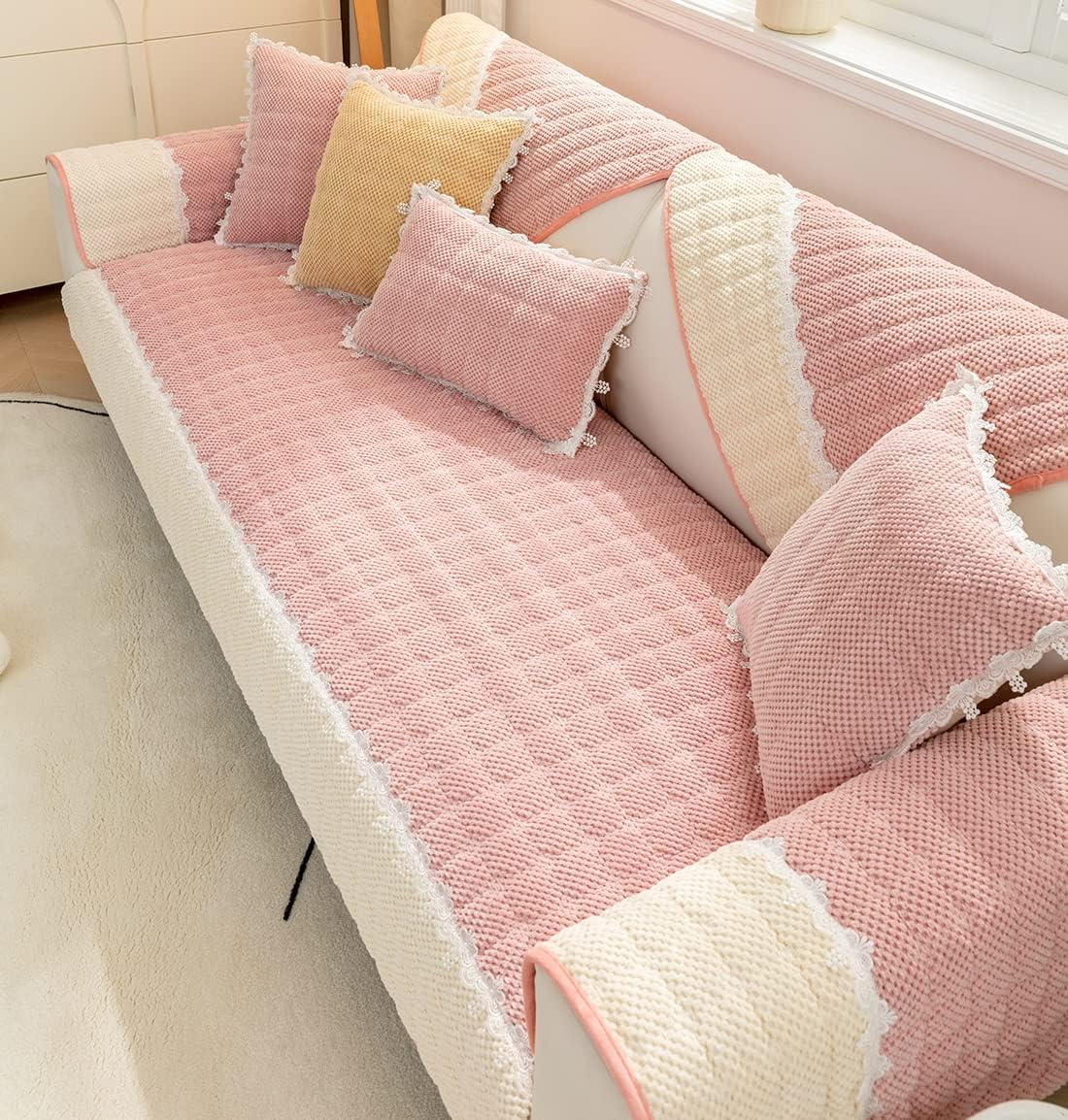 French Corduroy Lace Sofa Mat - Sweet Pink