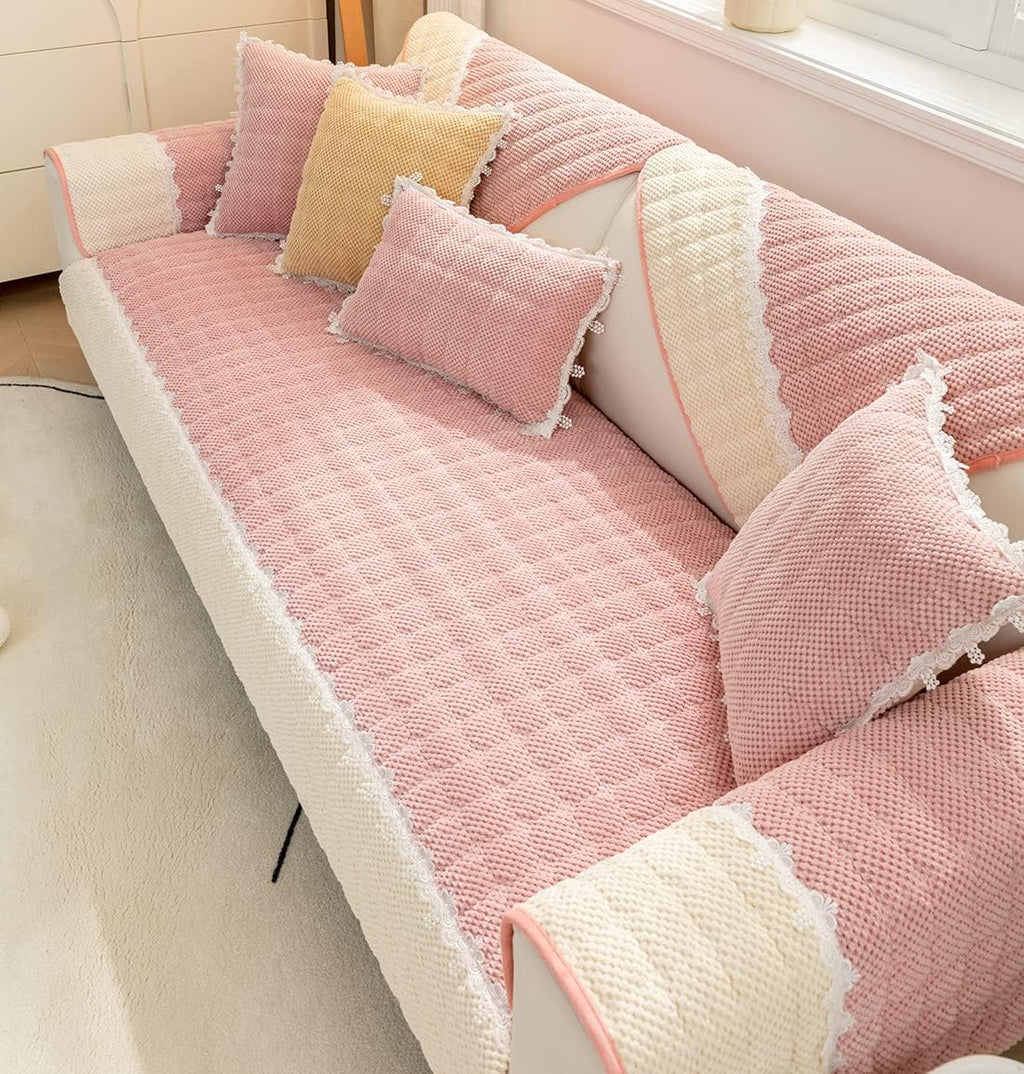 French Corduroy Lace Sofa Mat - Sweet Pink