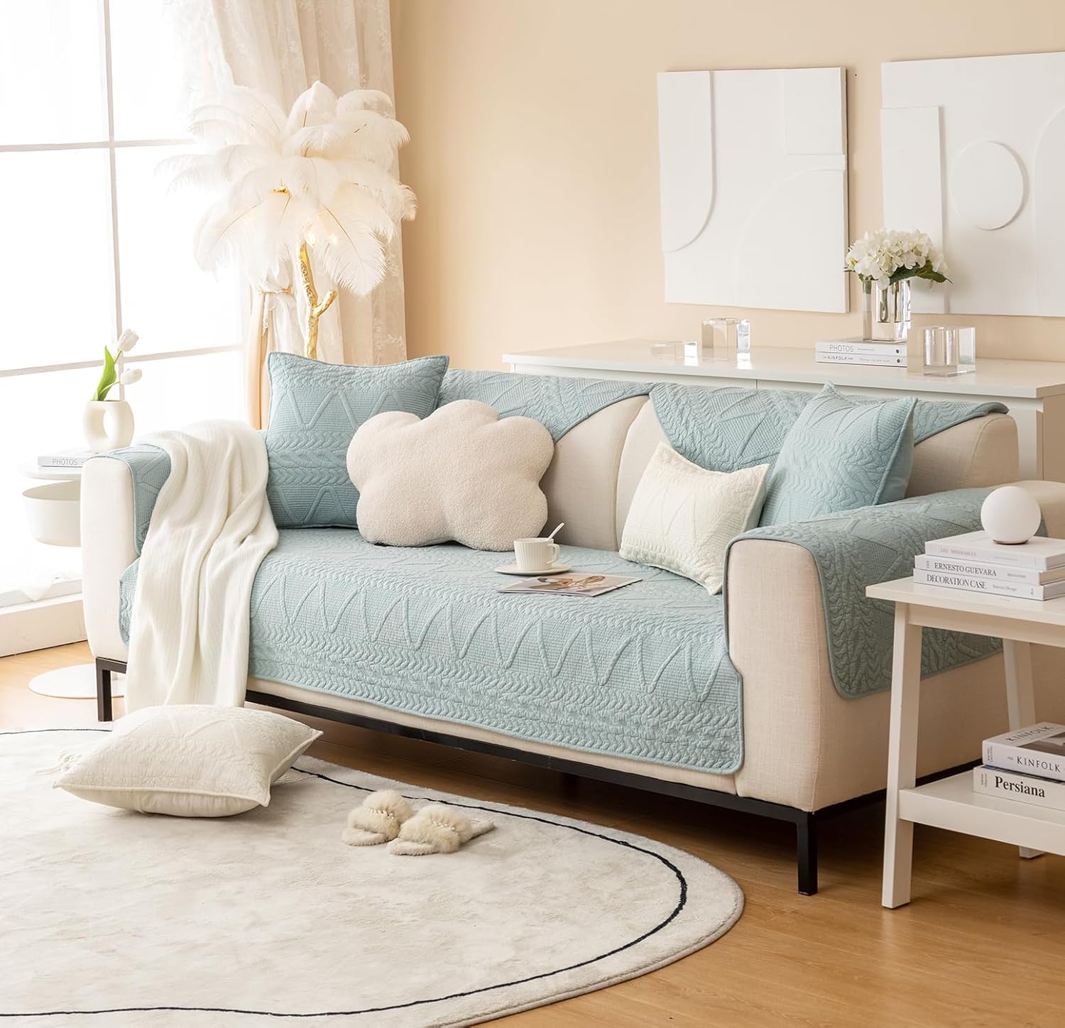 PREMIUM COTTON QUILTED SOFA MAT - POWDER BLUE