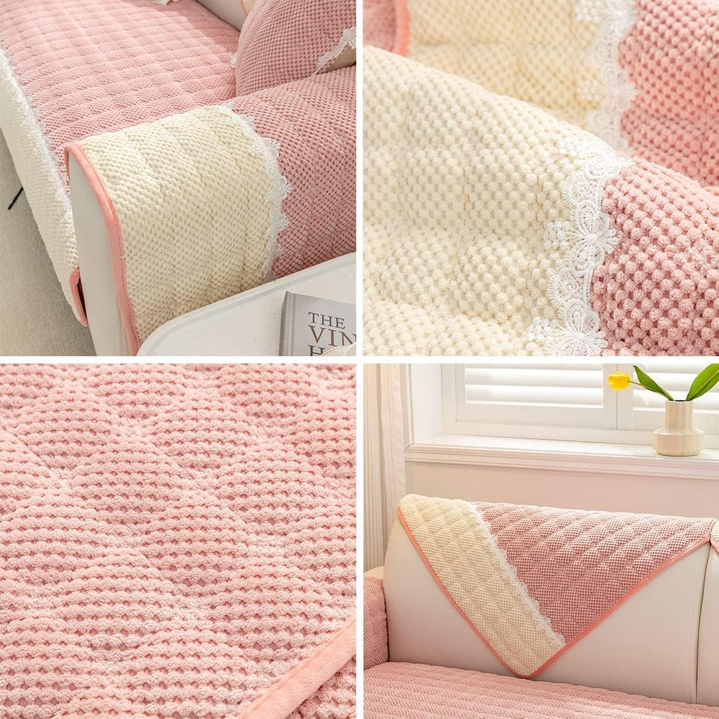French Corduroy Lace Sofa Mat - Sweet Pink