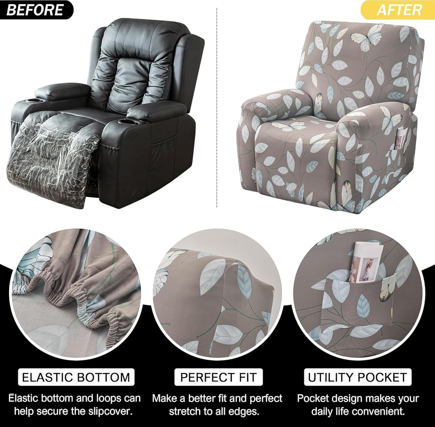 Premium Printed Recliner Sofa Cover : Grey Moroccan