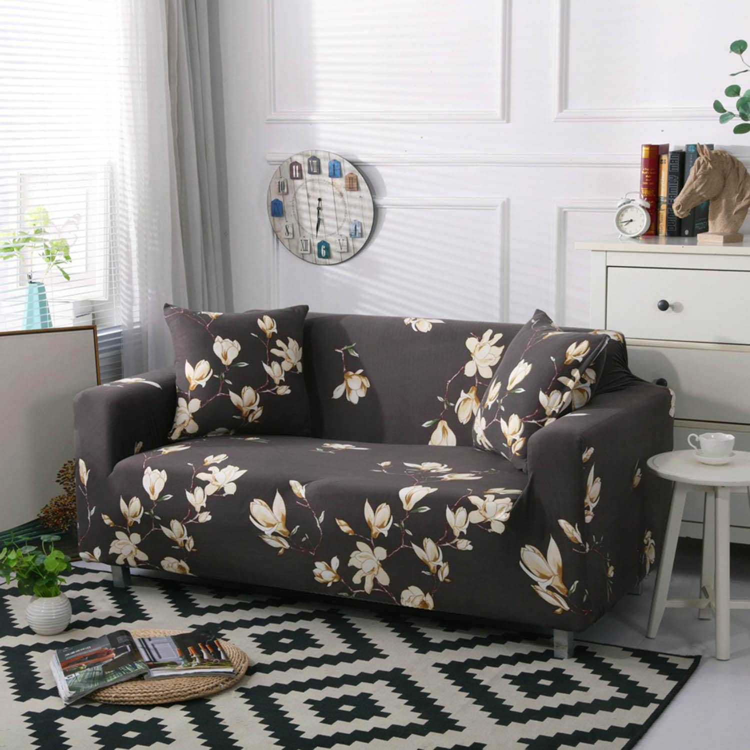 tie-n-dye Exclusive Stretchable Sofa Cover - Floral Dark Coffee