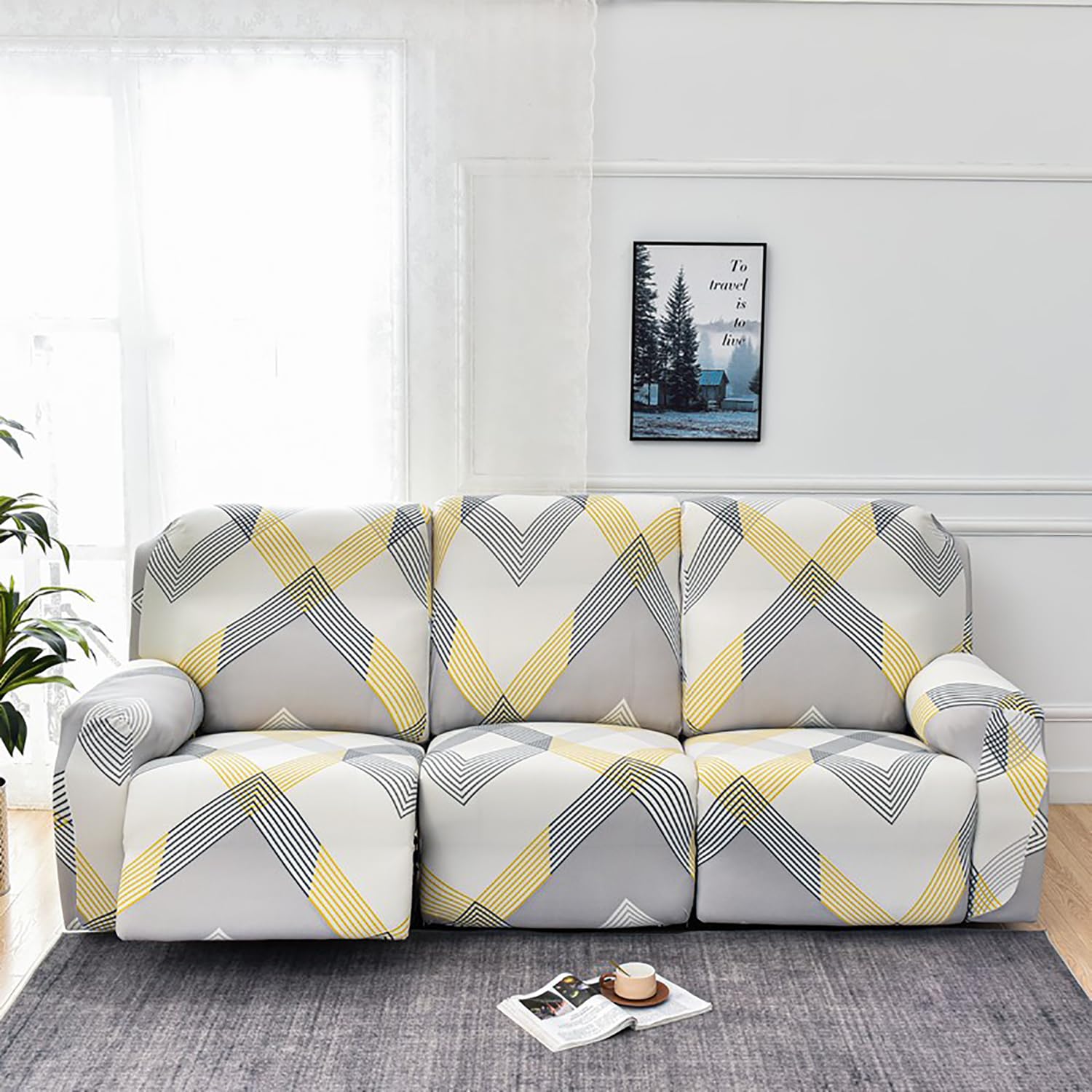 Premium Printed Recliner Sofa Cover : Yellow Curve