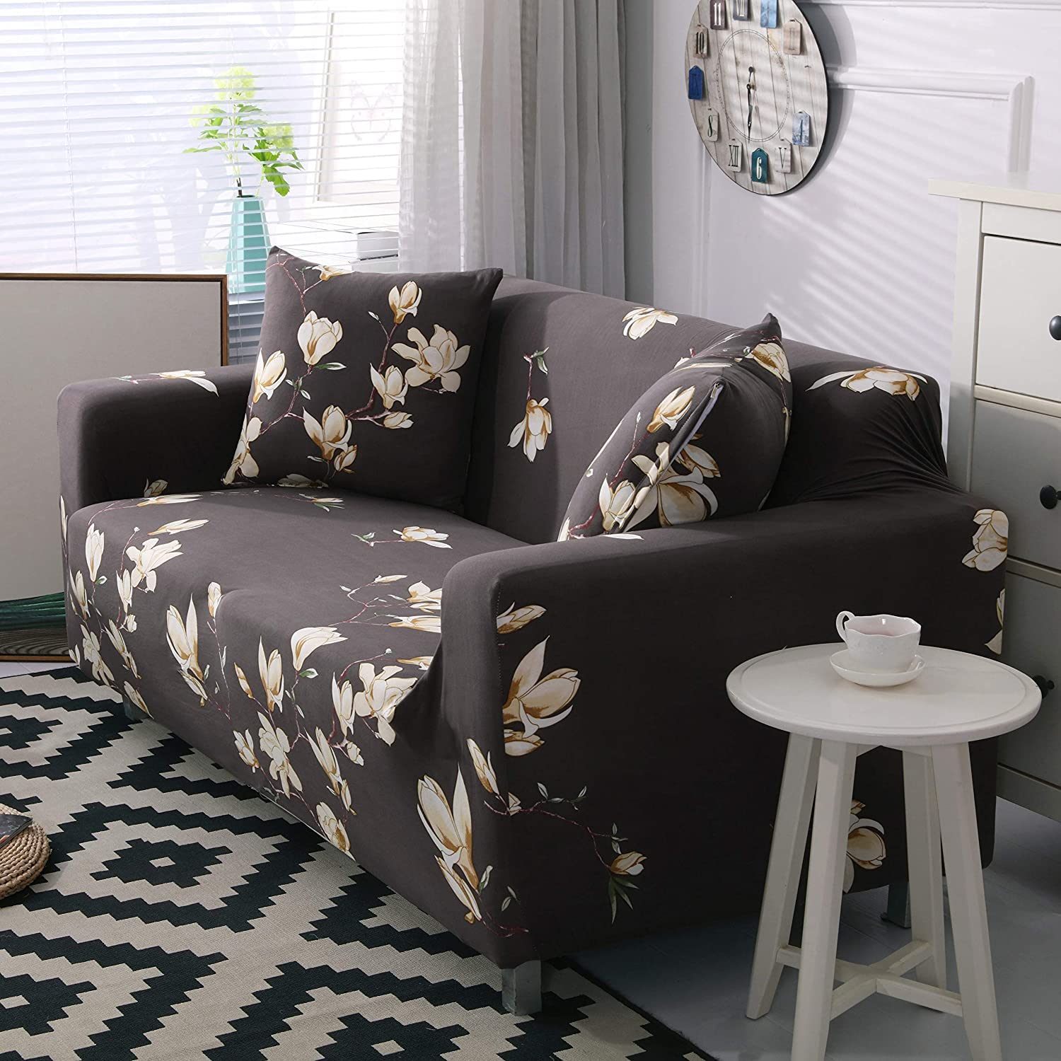 tie-n-dye Exclusive Stretchable Sofa Cover - Floral Dark Coffee