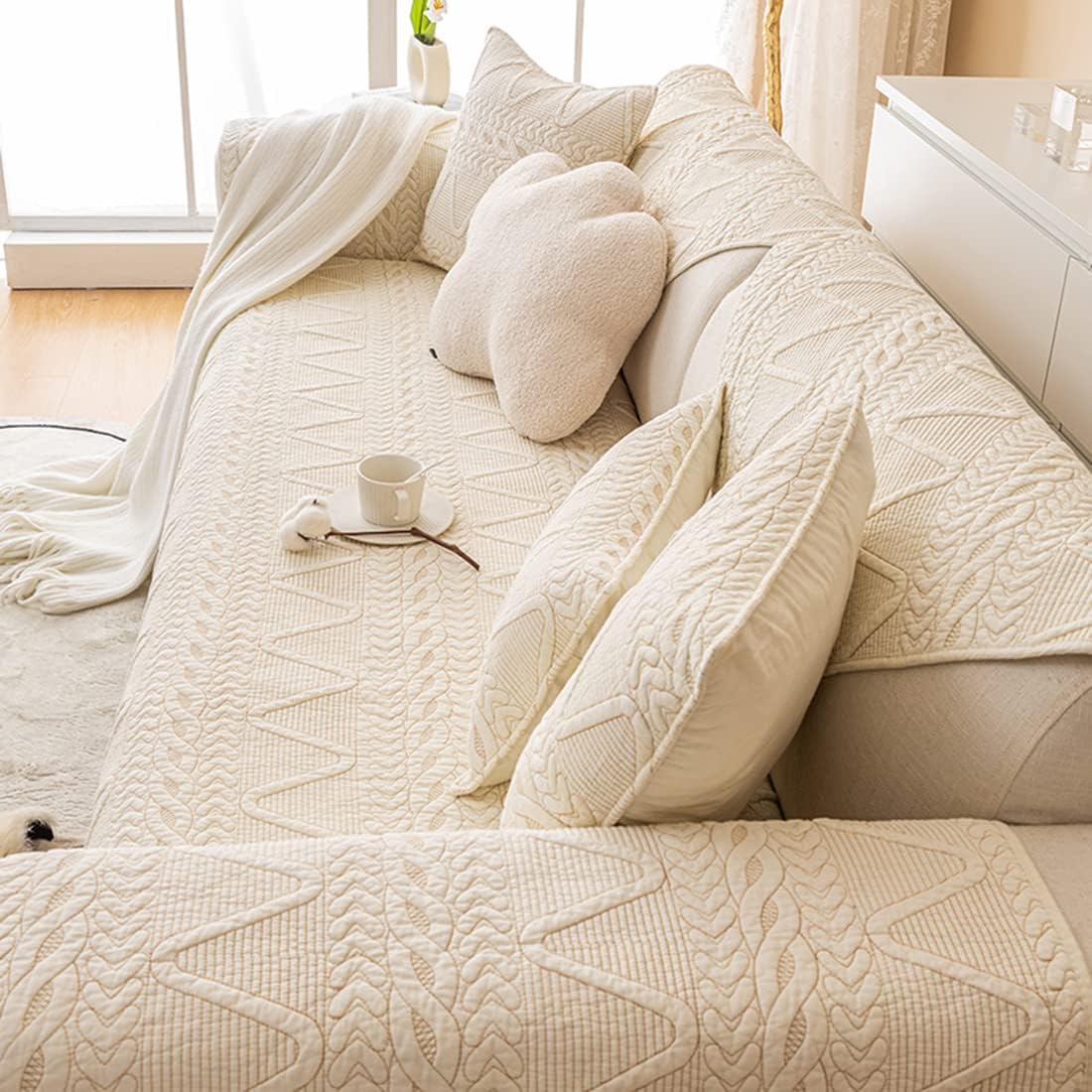 PREMIUM COTTON QUILTED SOFA MAT - OFF WHITE