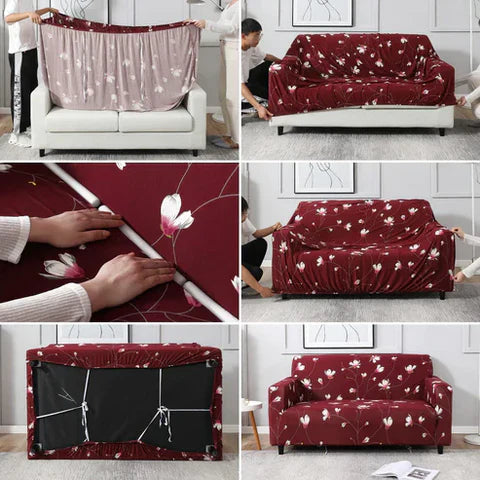 Tie-N-Dye Premium Wrinkle-Free Elastic Stretchable | Washable| Elastic Sofa Cover - Wine red Flowers (SC-046)