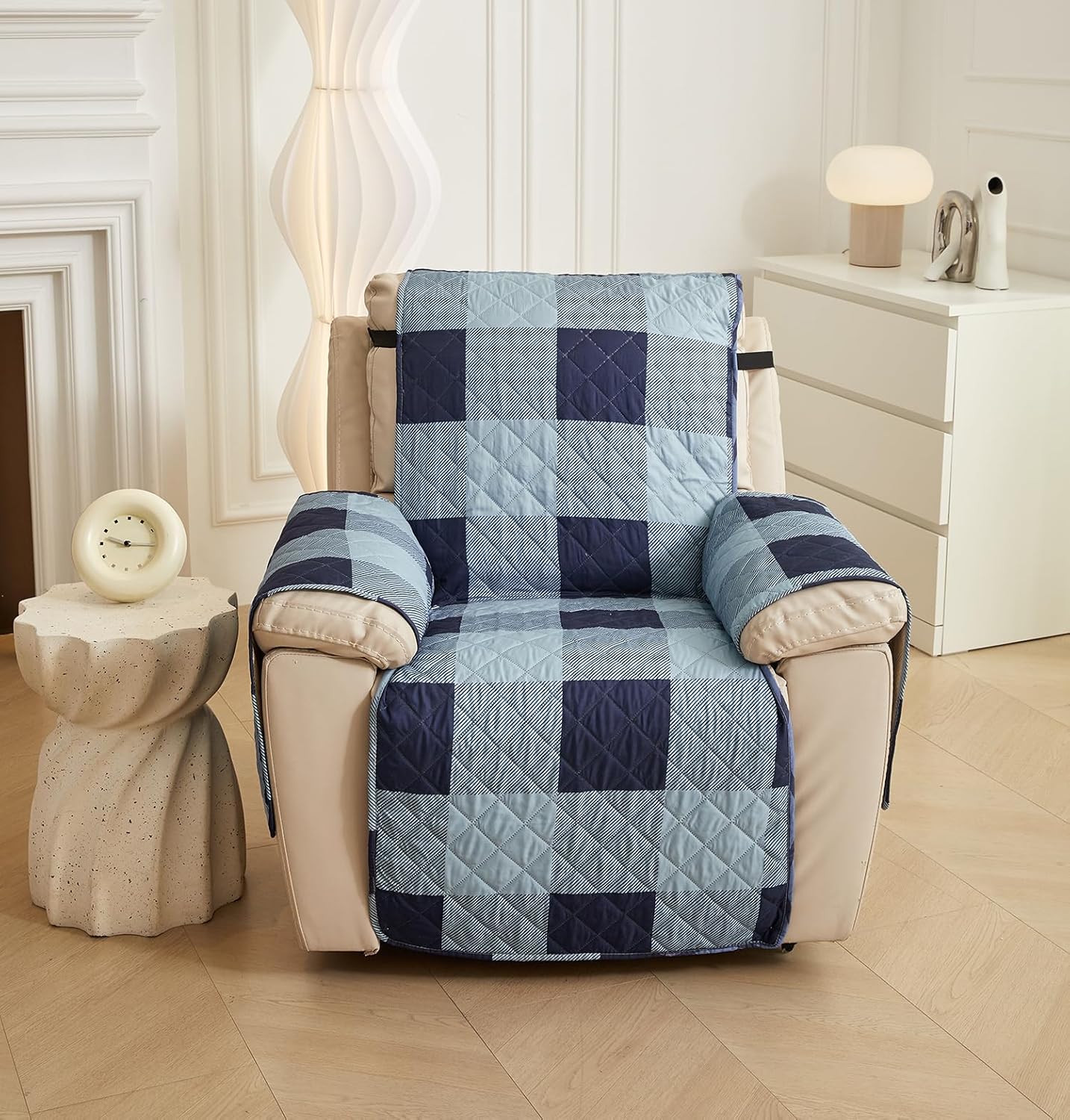 WATERPROOF QUILTED RECLINER COVER - CHECK BLUE