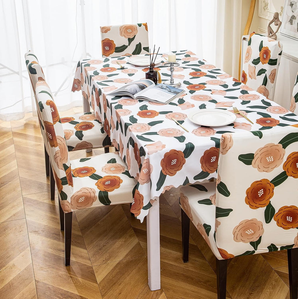 Premium Dining Table & Chair Cover Combo - White Brown Flower