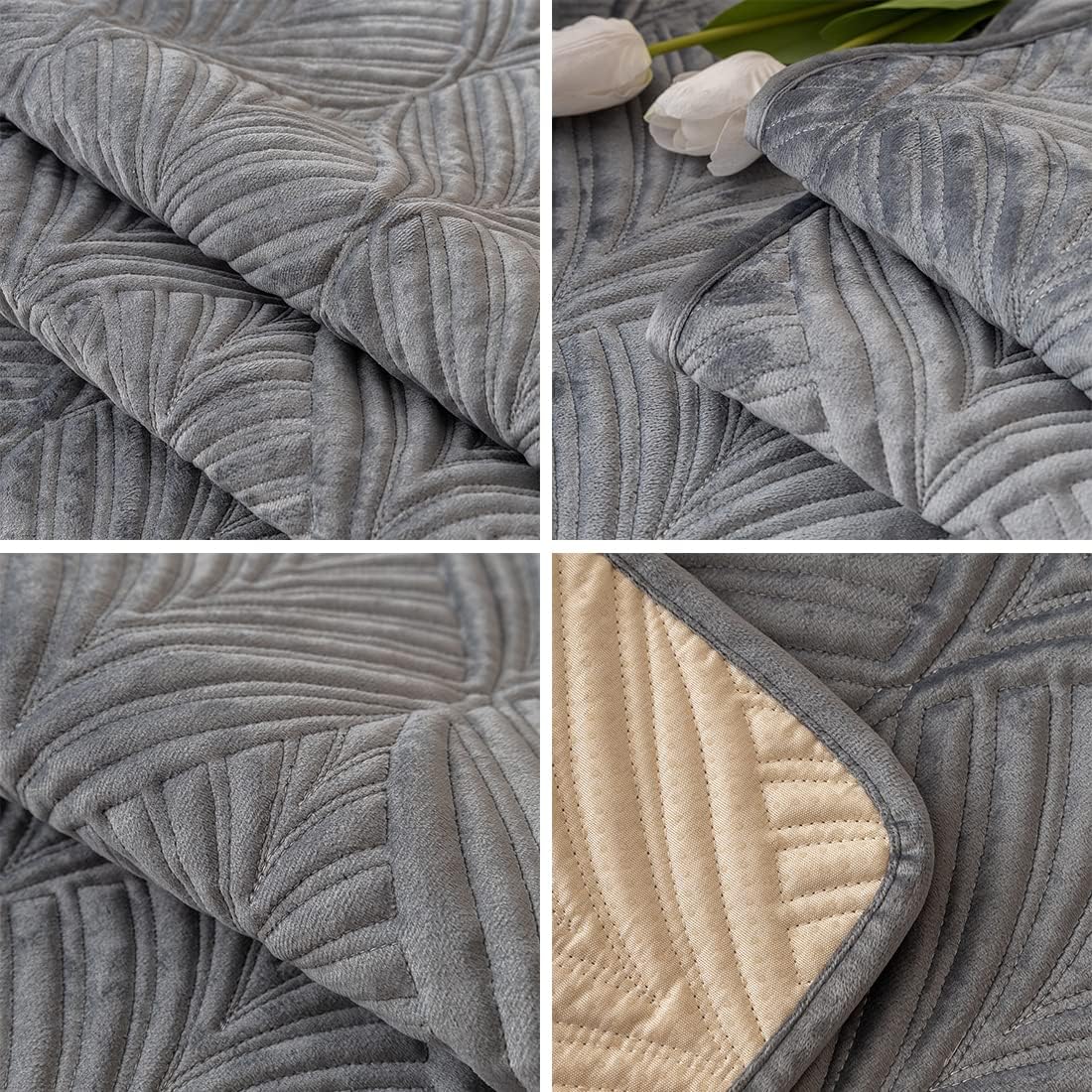 ANTI SKID PALM LEAVES QUILTED SOFA MAT  -  GREY