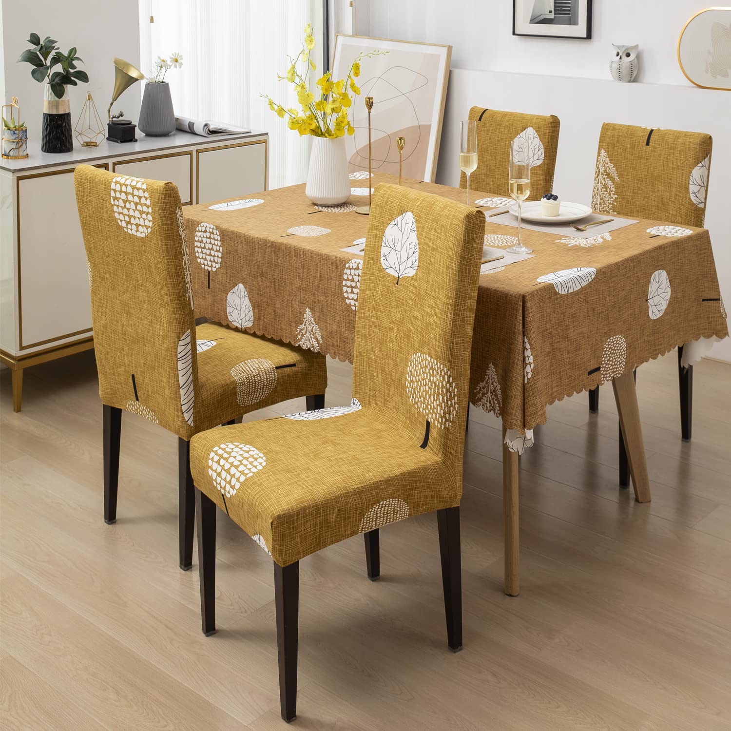 Premium Dining Table & Chair Cover Combo - Mustard Leaf