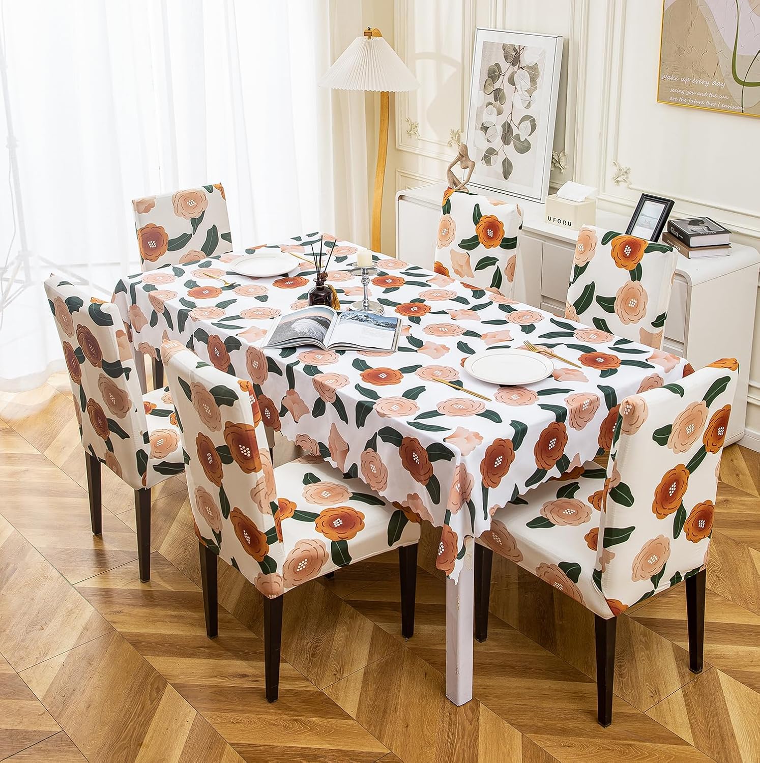Premium Dining Table & Chair Cover Combo - White Brown Flower