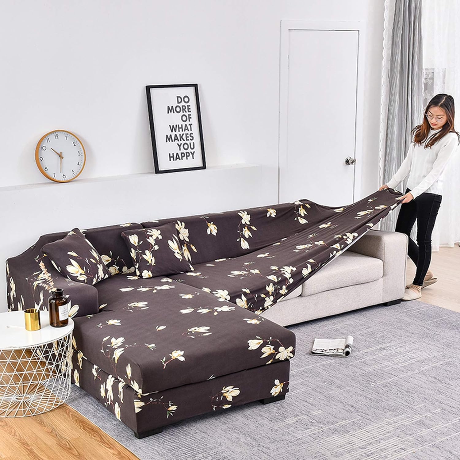 L Shape Sofa Cover - Floral Dark Coffee