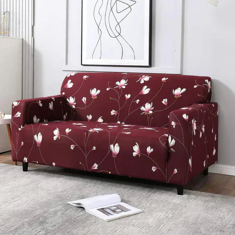 Tie-N-Dye Premium Wrinkle-Free Elastic Stretchable | Washable| Elastic Sofa Cover - Wine red Flowers (SC-046)