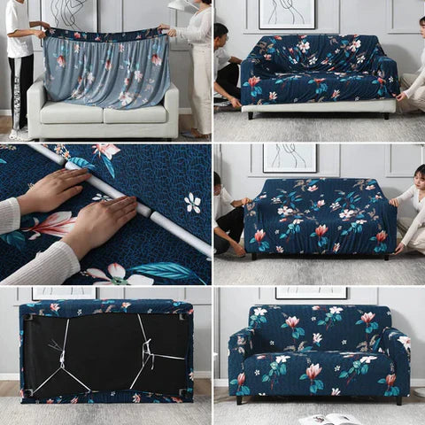 Tie-N-Dye Premium Wrinkle-Free Elastic Stretchable | Washable| Elastic Sofa Cover - Blue Jasmine (SC-047)