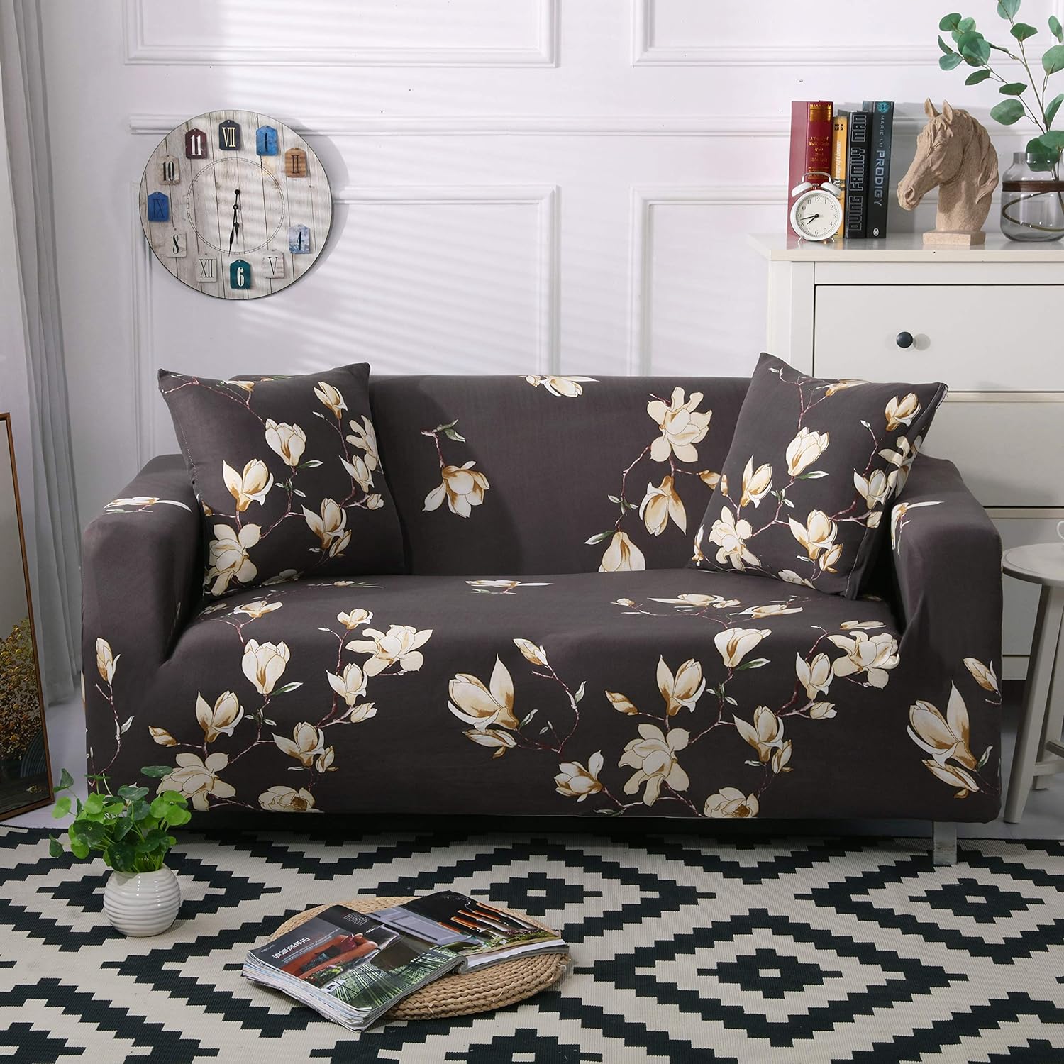 tie-n-dye Exclusive Stretchable Sofa Cover - Floral Dark Coffee
