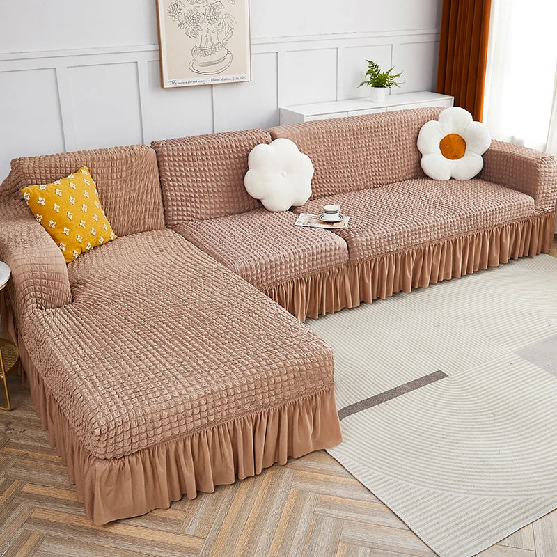 2025 L Shape Turkish Bubble Frill Sofa Covers : Light Brown