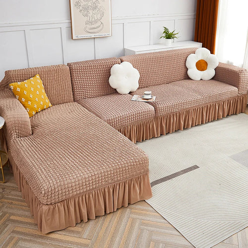 2025 L Shape Turkish Bubble Frill Sofa Covers : Light Brown