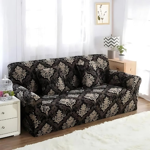 Tie-N-Dye Premium Wrinkle-Free Stretchable | Elastic Universal Stretchable Sofa Cover Black Damask (SC-001)
