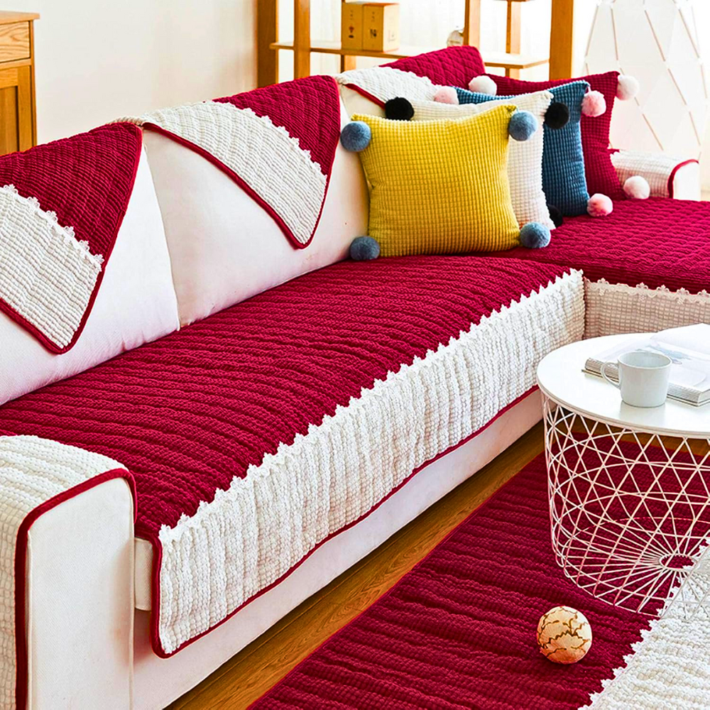 French Corduroy Lace Sofa Mat - Ruby Red