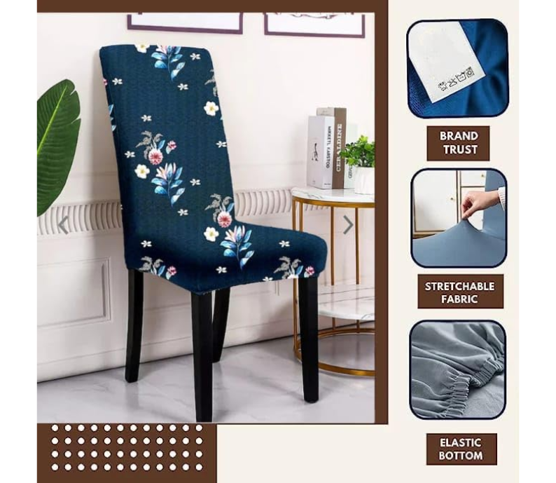 Tie-N-Dye Premium Wrinkle-Free | Elastic Stretchable | Washable|Dining Table & Chair Cover Dark Blue Botanical (QHCC-132)