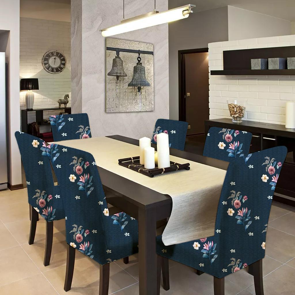 Tie-N-Dye Premium Wrinkle-Free | Elastic Stretchable | Washable|Dining Table & Chair Cover Dark Blue Botanical (QHCC-132)