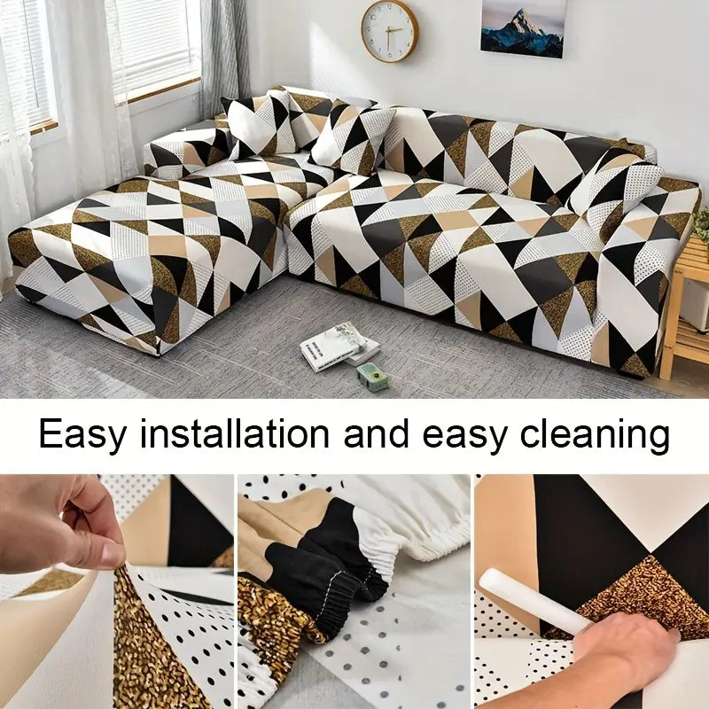 L Shape Sofa Cover - Geometric Brown