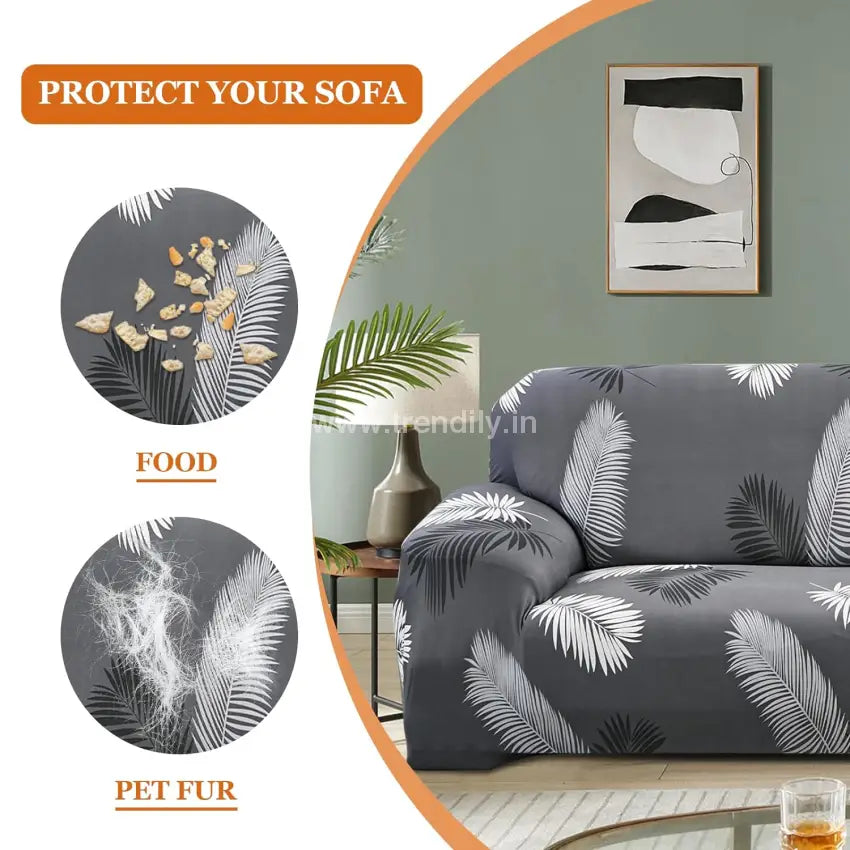 Tie-N-Dye Premium Wrinkle-Free Stretchable | Elastic Universal Stretchable Sofa Cover  Grey &  white leaf  (SC-005)