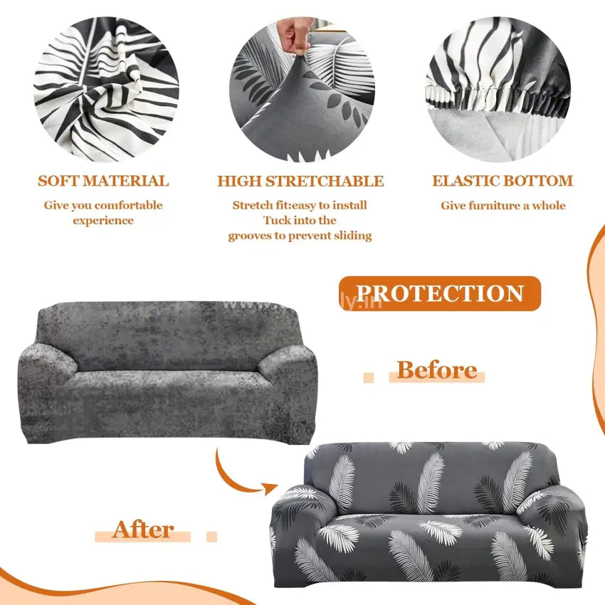 Tie-N-Dye Premium Wrinkle-Free Stretchable | Elastic Universal Stretchable Sofa Cover  Grey &  white leaf  (SC-005)
